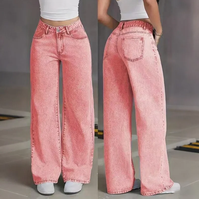 Koreanische Retro-Jeans mit geradem Bein für Damen, hohe Taille, lässige Hose mit weitem Bein, Designer-Jeans, rosa Hot-Girl-Stil-Jeans Image