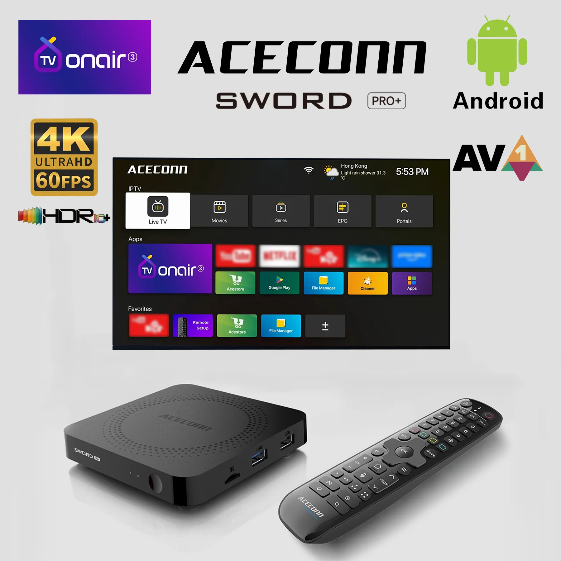 ACECONN Streaming Android IPTV Boxen 4K TVONAIR3 Dual WiFi LAN BT Unterstützung Sprachfernbedienung Finden RCU Hintergrundbeleuchtung Schwert Pro+ TV Box Image
