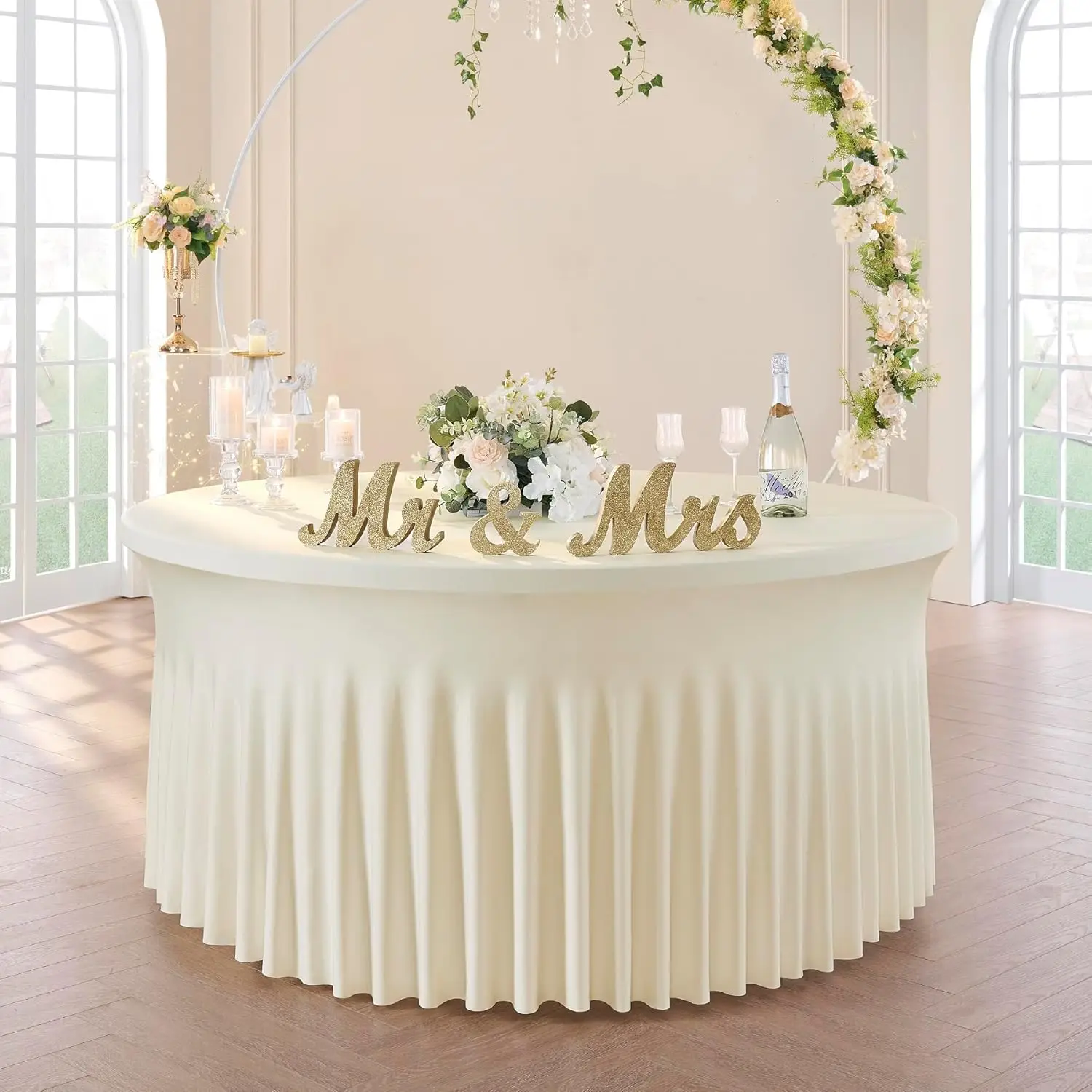 Weiße runde Spandex-Tischdecke für den Tisch, knitterfrei, dehnbar, runde Tischdecken, Abdeckung mit Rock für Hochzeit, Geburtstag, Party Image