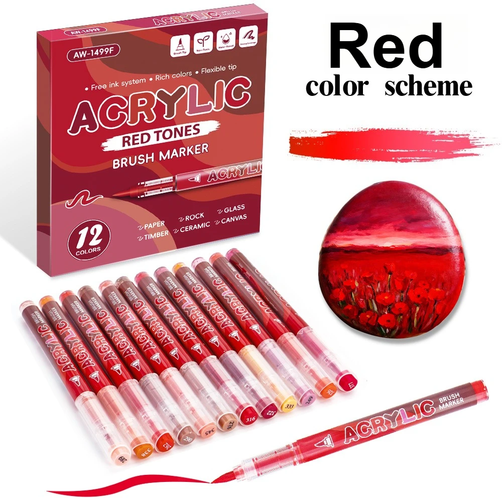 12 Farben Acryl-Marker, rote Serie, weiche Stiftspitze für Weihnachten, Malerei, Comic, Zeichnen, Färben, DIY, CD-Schuhe, Stein, Kunstbedarf