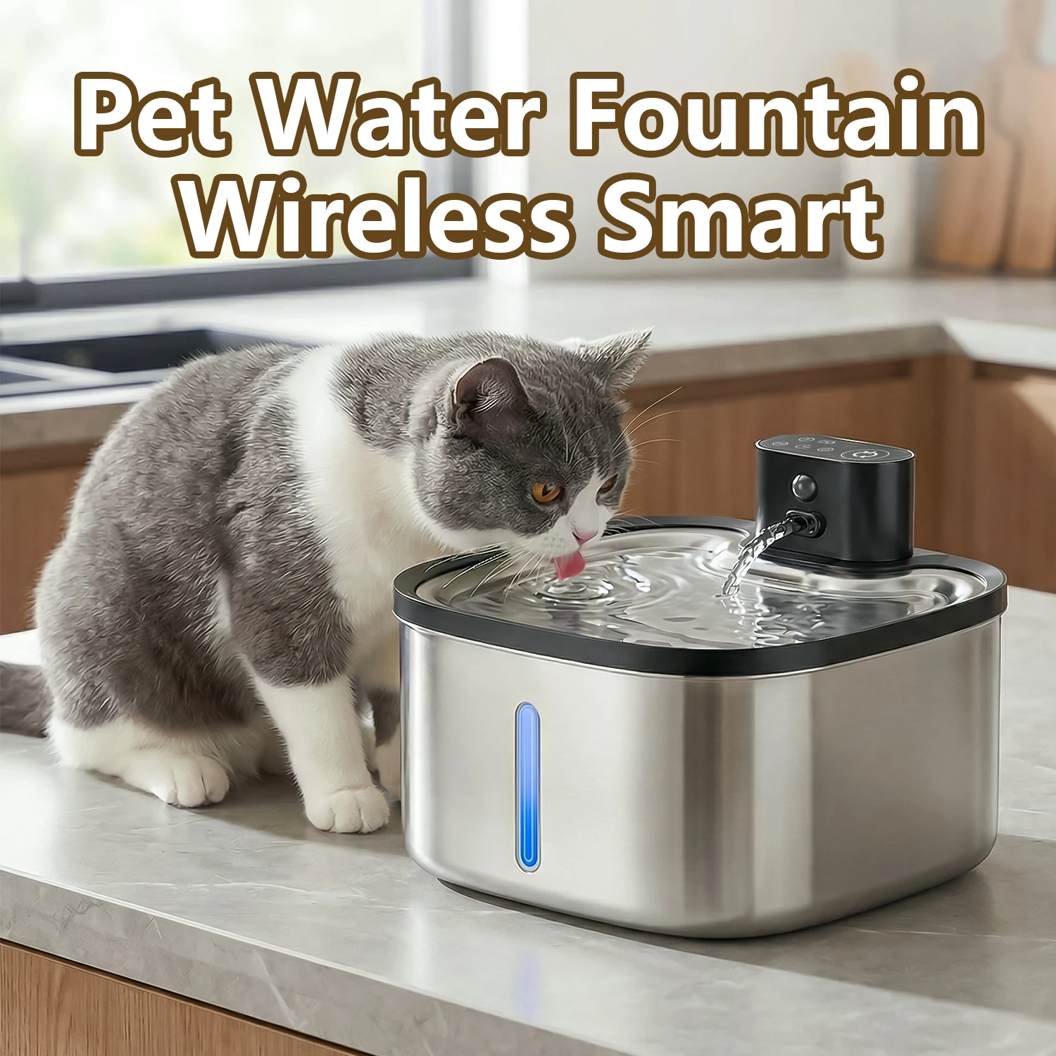 3,5L Katzen-Wasserspender aus Edelstahl, Kabelloser Intelligenter Haustier-Wasserspender, 4000mAh Wiederaufladbar mit Sichtfenster, Katzen-Trinkbrunnen