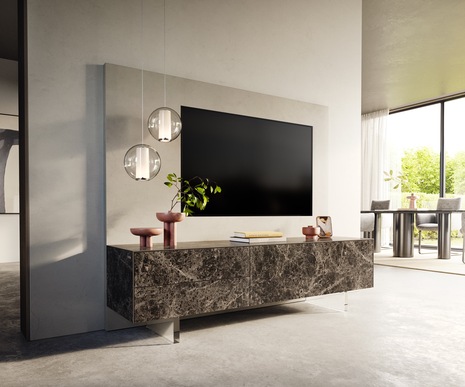 DELIFE Lowboard Cuor 180 cm Keramik Emperador Extra Lucidato Dunkelbraun 1 Klappe 2 Schubfächer Fuß Schwebeoptik Acrylglas, Lowboards Image