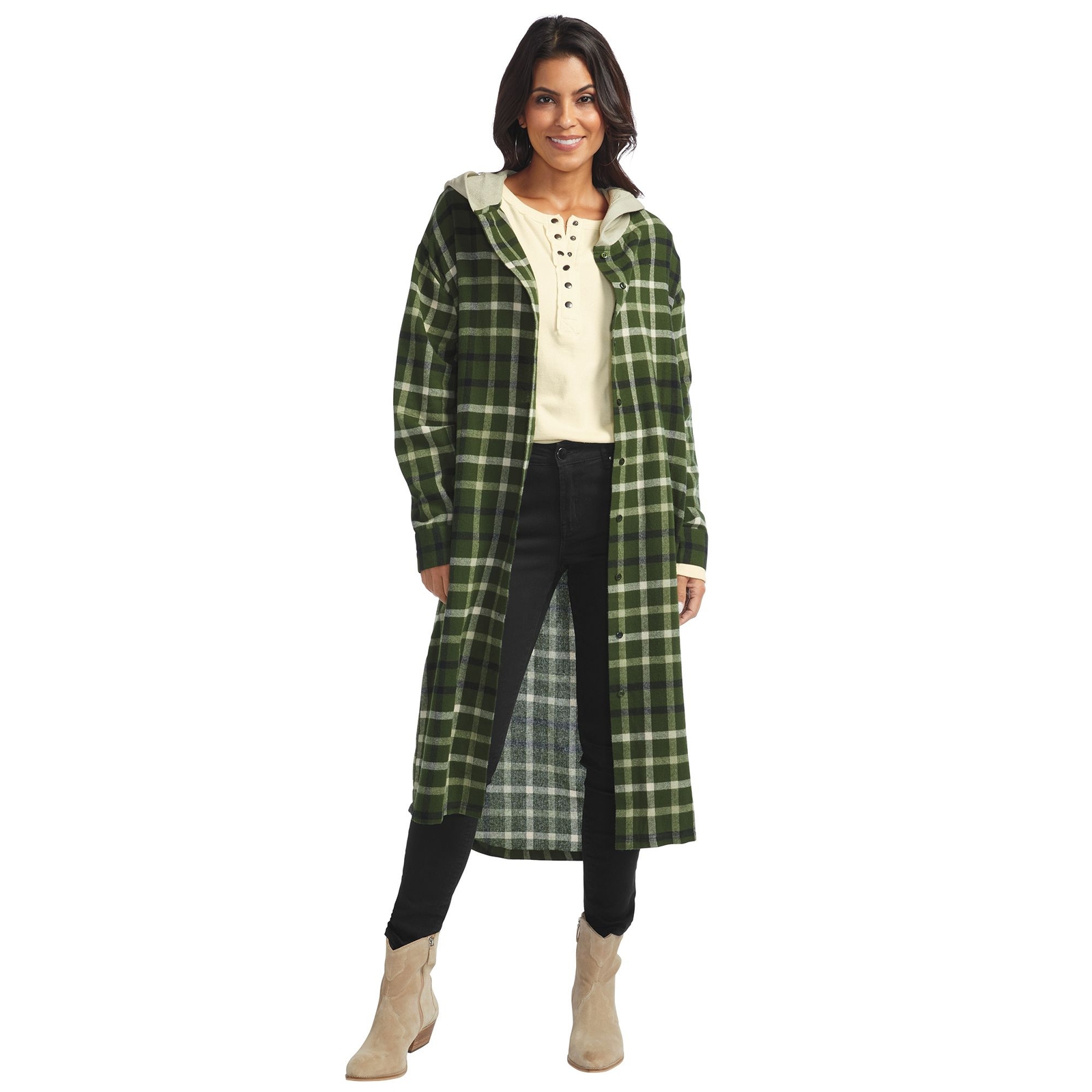 K. Jordan Flannel Hoodie Duster (Size 5X) Olive Plaid, Cotton,Polyester