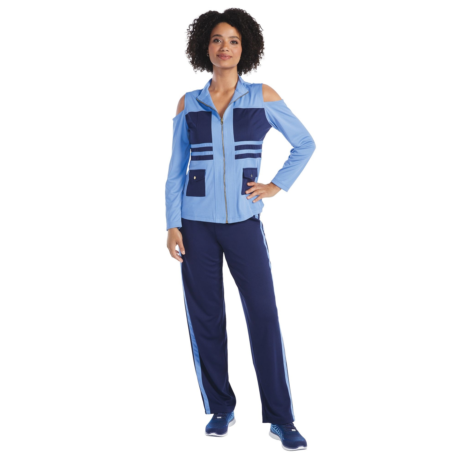 VEVO ACTIVE Women's Cold Shoulder Track Set (Size 4X) Periwinkle Sky Navy, Polyester