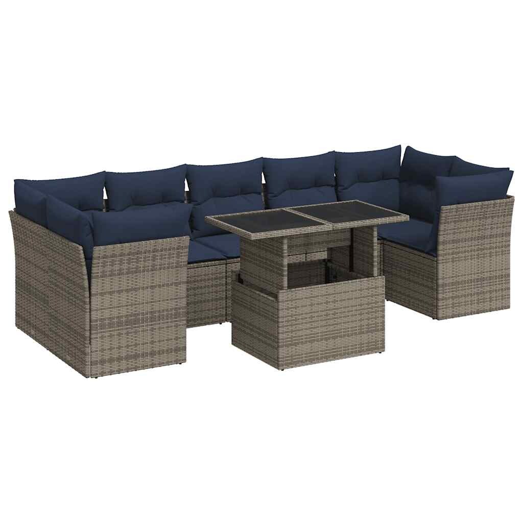 vidaXL 8-tlg. Garten-Sofagarnitur mit Kissen Grau Poly Rattan Akazie Image
