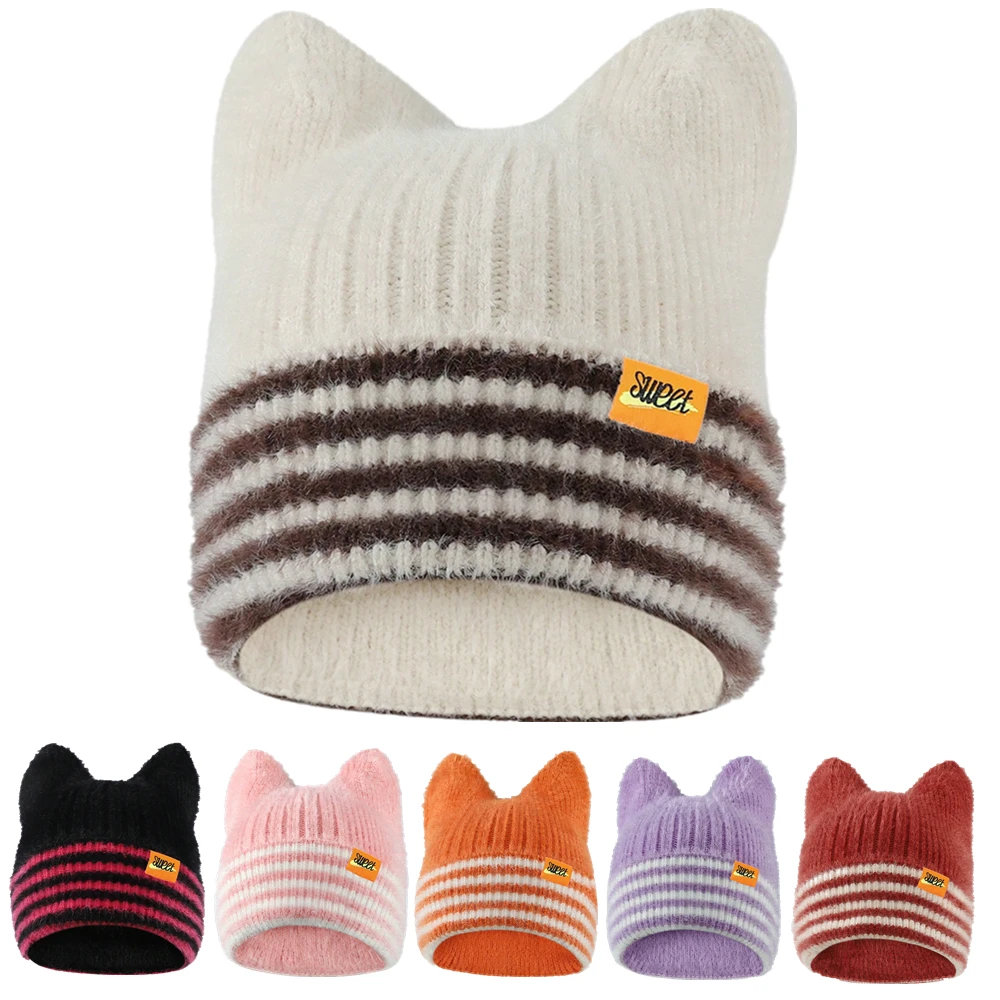 Neue Katze Ohr Y2K Beanie Hut Süße Label Winter Hüte Für Frauen Candy Farben Streifen Weiche Warme Kappe Image