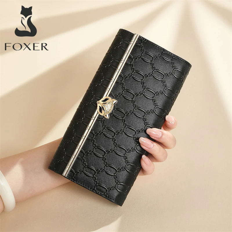 FOXER Split Leder frauen Lange Brieftasche Mode Kupplung Tasche Dame Handy Tasche Geldbörse Weiblichen Karten Halter Brieftasche Geld Tasche Image