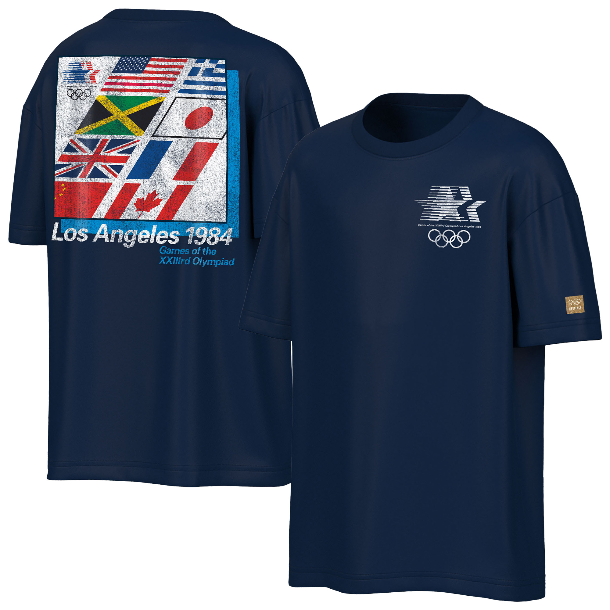 Outerstuff Herren-T-Shirt in Marineblau mit übergroßem Aufdruck des Maskottchens und der Flaggen der Olympischen Spiele 1984 in Los Angeles Image