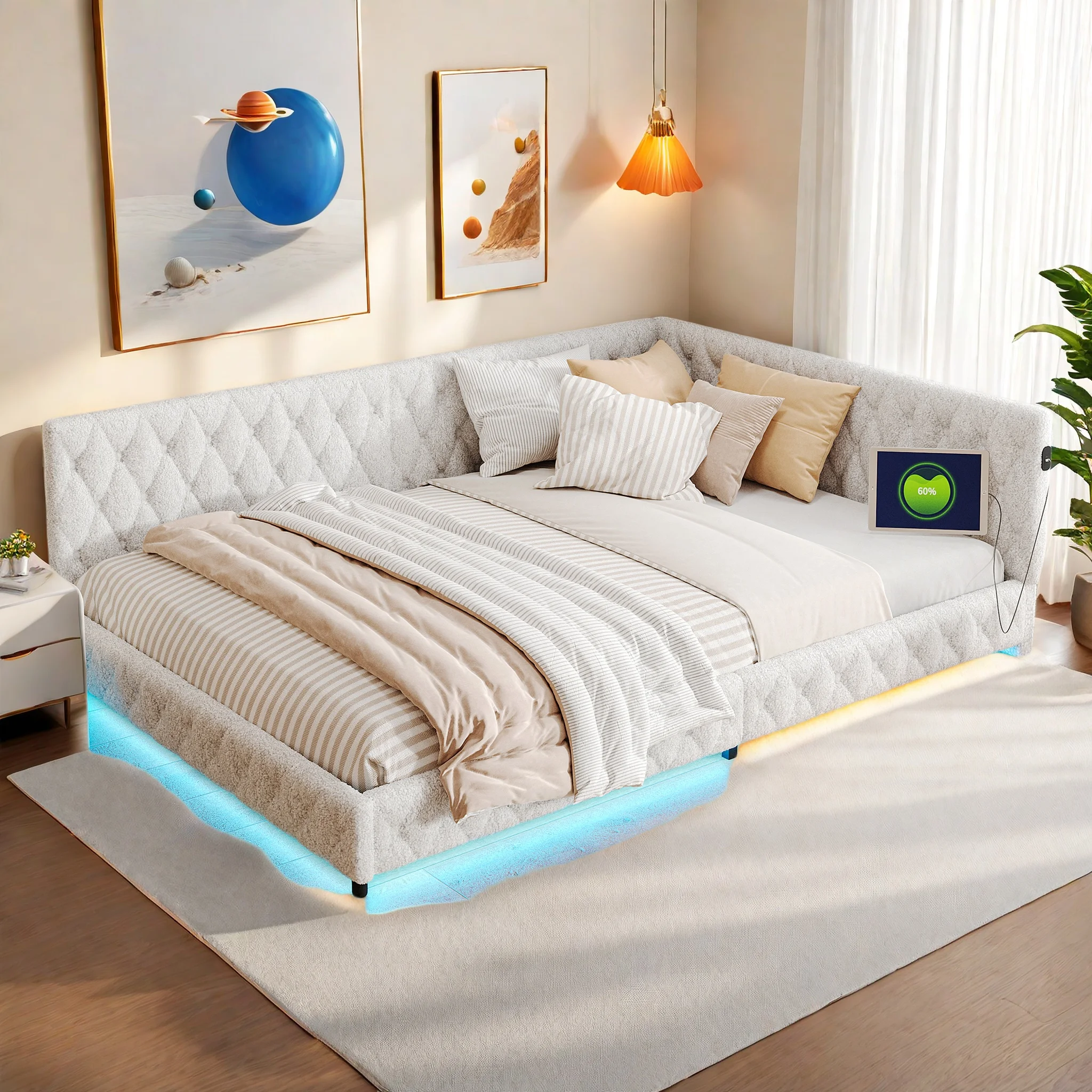 Polsterbett Schlafsofa 140x200, Tagesbett mit LED Beleuchtung und Aufladen USB, Gästebett Daybett Kinderbett Jugendbett Bettgestell mit Lattenrost aus Holz, Teddy Samtstoff, Beige