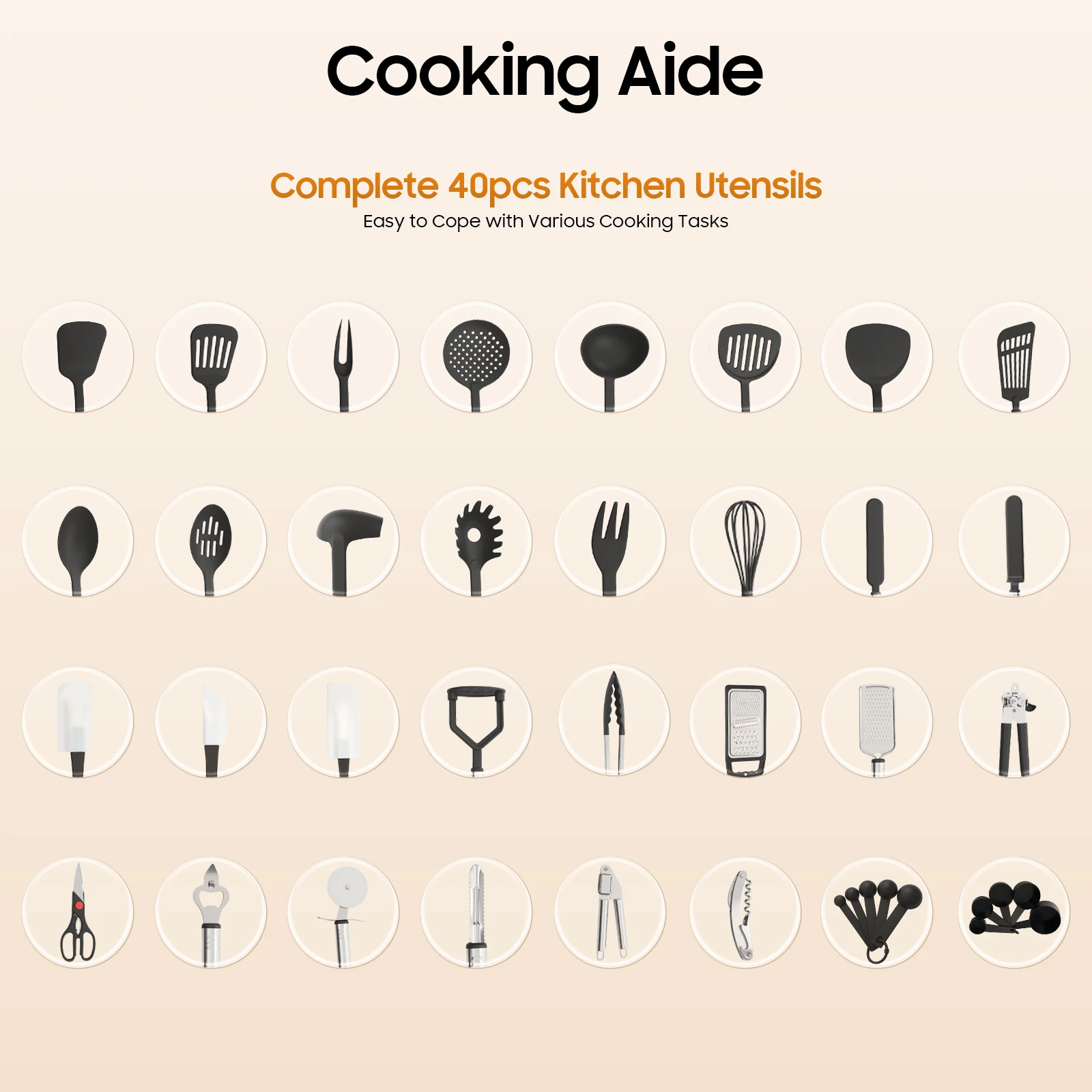 40-teiliges Küchenhilfset, Kochgeschirr aus Edelstahl mit hängendem Design, antihaftbeschichtete Küchenausläufe zum Kochen, Backen, Rühren Image