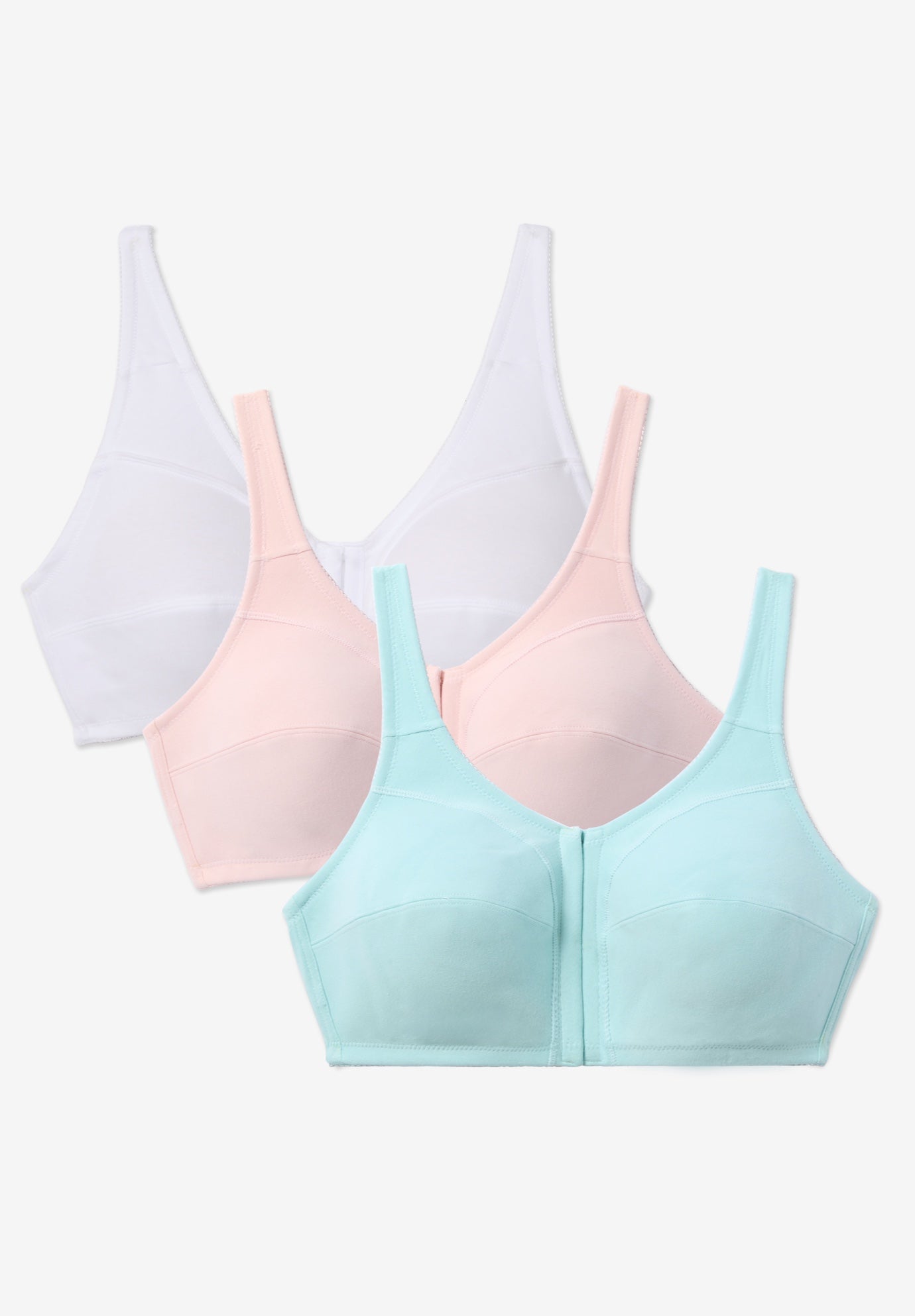 Plus Size Women's 3-Pack Front-Close Cotton Wireless Bra by Comfort Choice in Ultra Blue Assorted (Size 50 G)