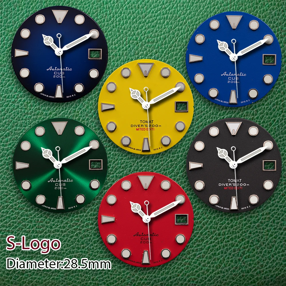 28,5 mm S-Logo-Abalone-Zifferblatt, keine Zeiger, grün leuchtend, geeignet für NH35-Uhrwerk, Modifikationszubehör Image