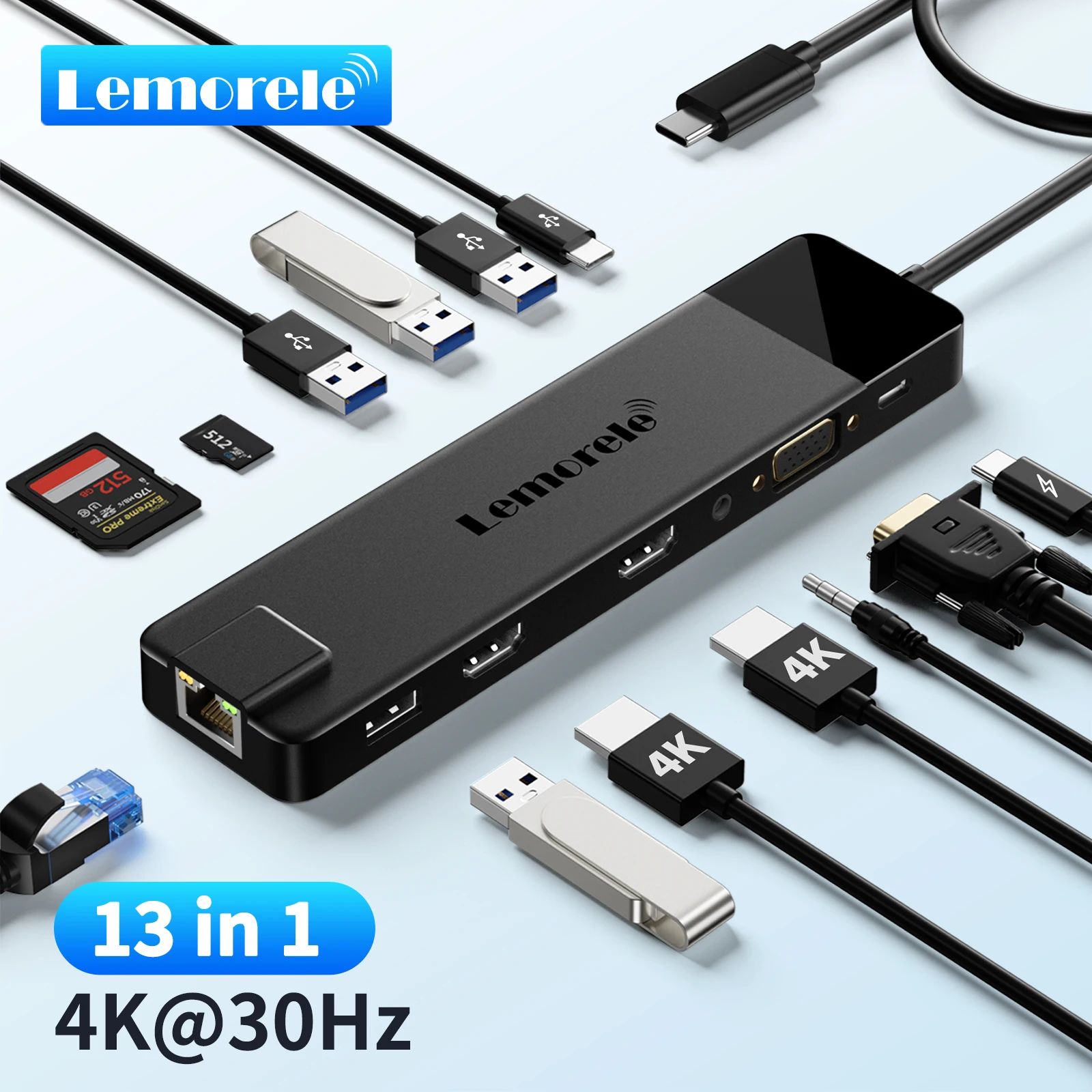 Lemorele 13 in 1 USB HUB HDMI 4K@30Hz Adapter RJ45 Splitter Typ C HUB 3.0 PD 100W Ladegerät Dockingstation für MacBook Laptop PC Image