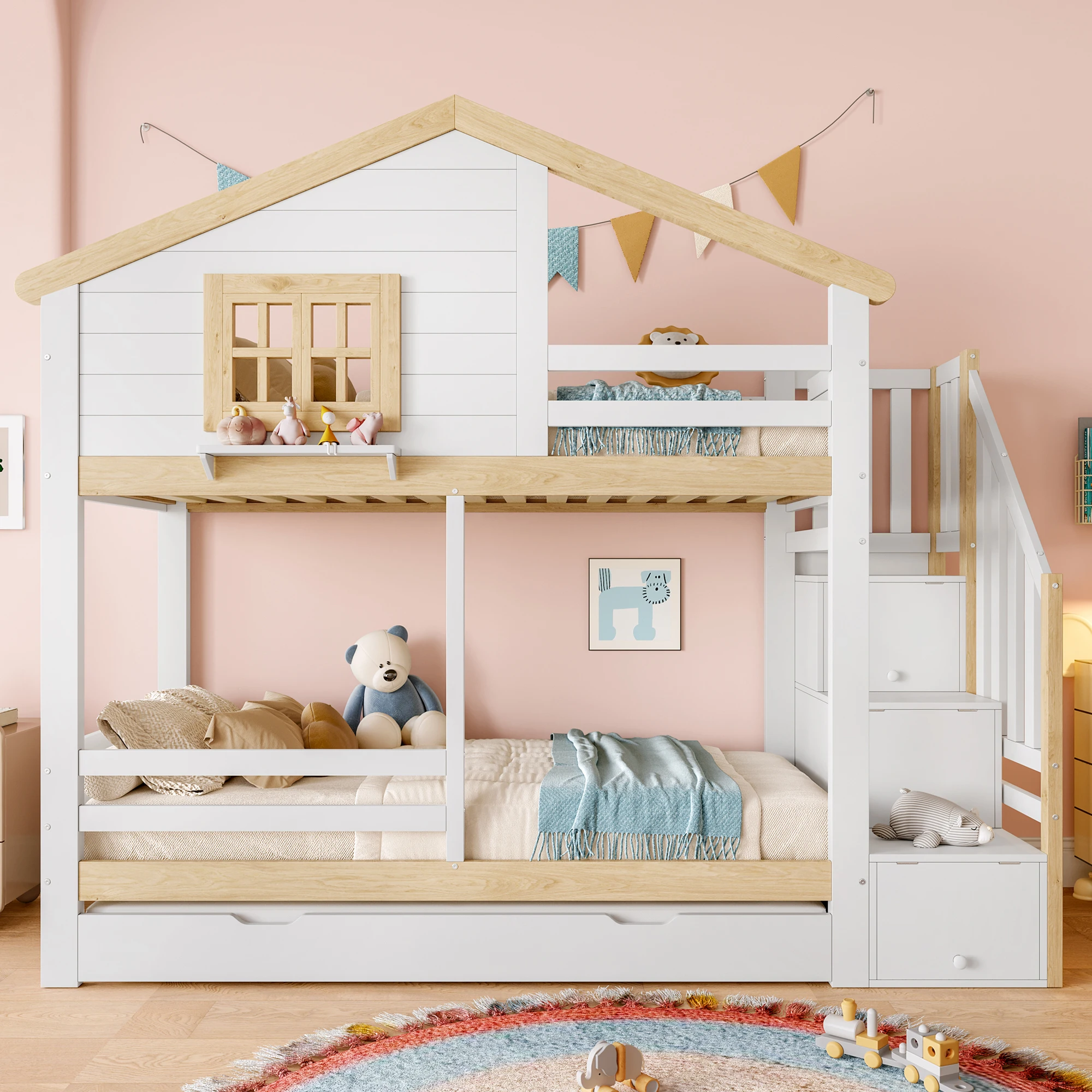 Etagenbett, 90x200cm, Bettgitter, Ausziehbares Bett, Storage Ladder, Window, Hausleiste, Weiß + Atur Image