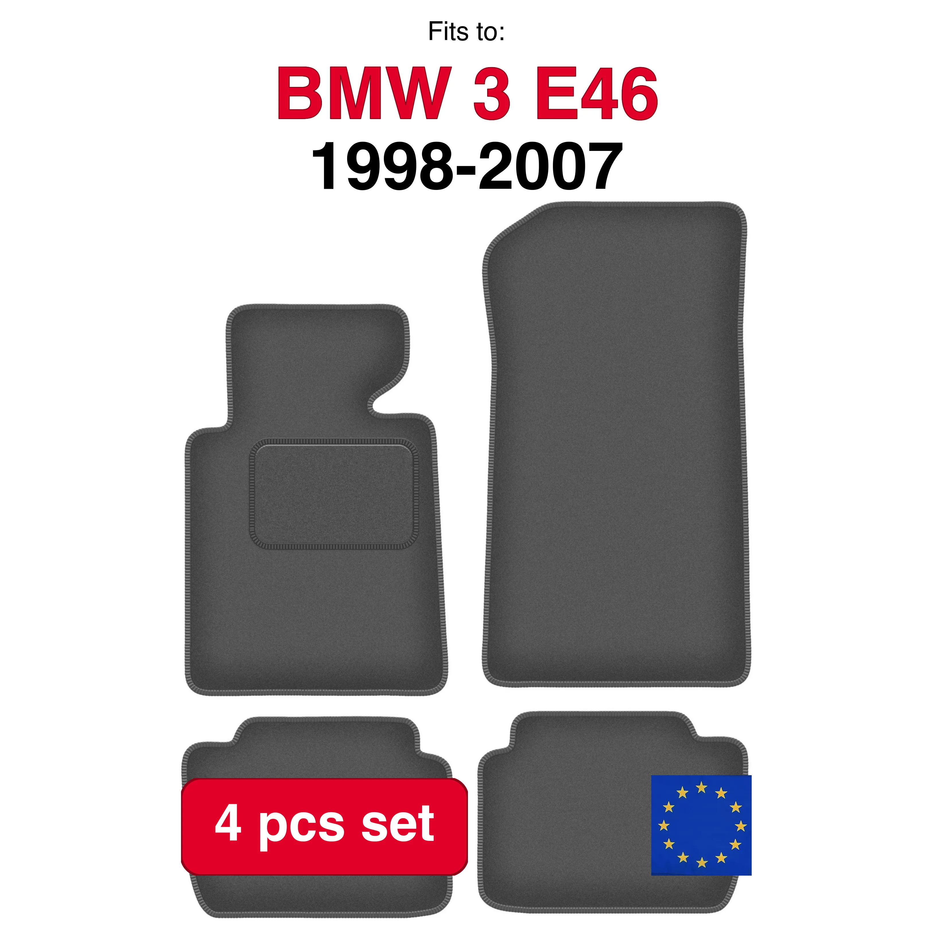 Tapis de voiture en velours pour BMW 3 E46 compact coupé, berline, break, touring (1998-2007) - Ensemble de 4 tapis de voiture en graphite