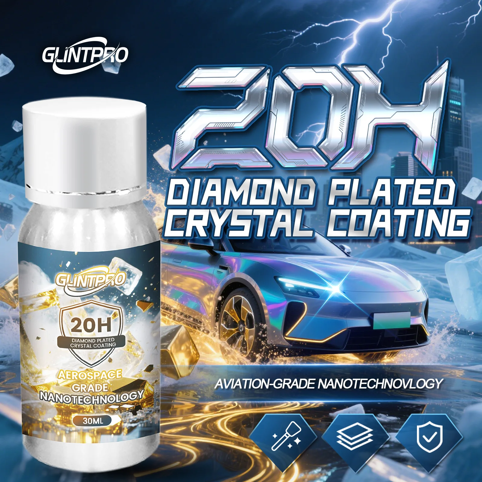 Keramikbeschichtung für Autos, 20 Stunden, diamantbeschichtete Kristallbeschichtung, flüssig, hydrophob, kratzfest, Autowaschbeschichtung, Autopolitur (30 ml) Image