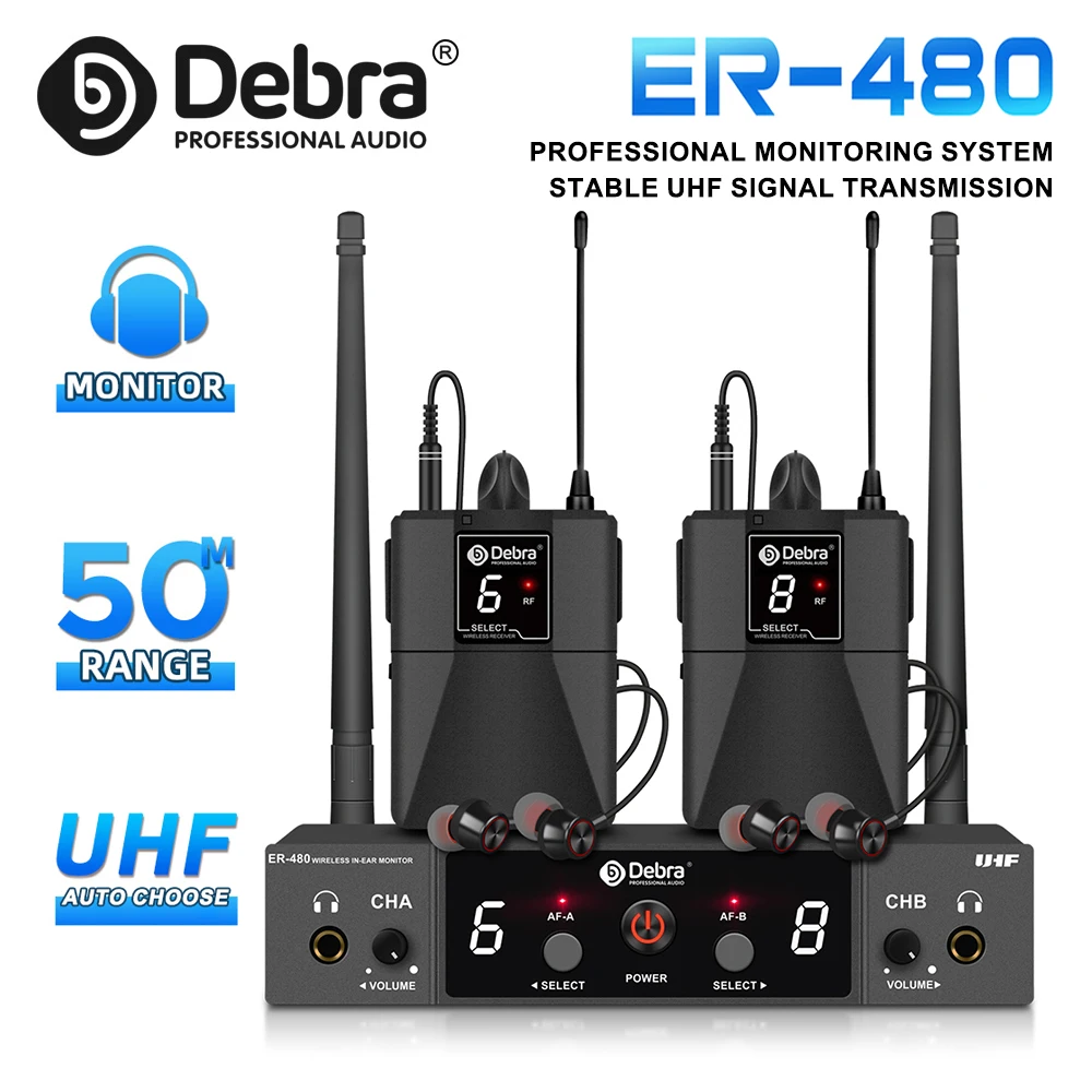 Debra ER-480 Drahtloses In-Ear-Monitorsystem, UHF 500–700 MHz, 16 Frequenzanpassungen, für Kirchen, Aufnahmestudios, Bänder Image