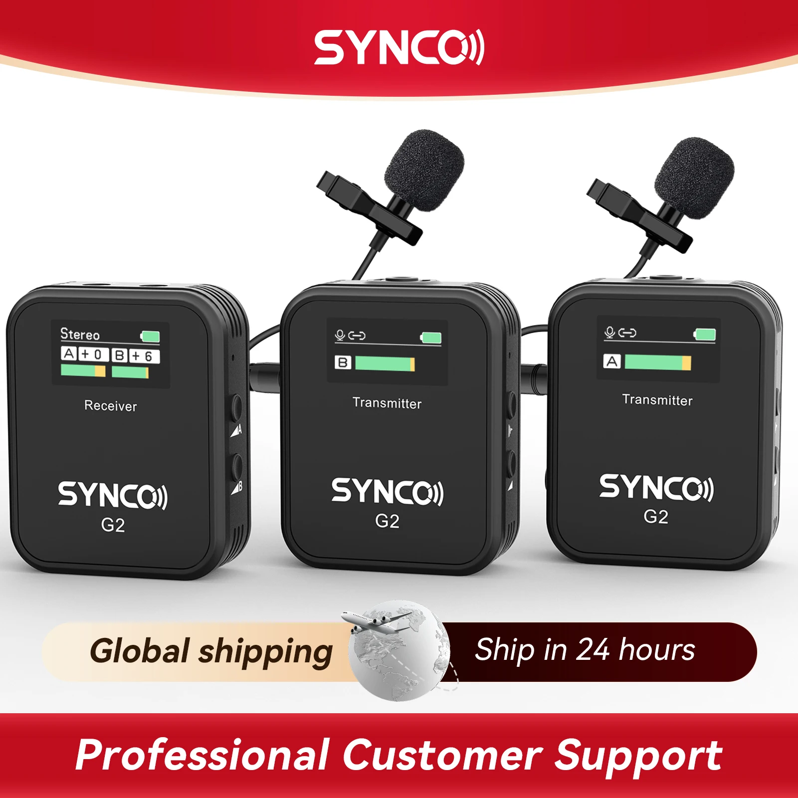 NEUES SYNCO Wireless Lavalier-Mikrofon G2(A2) Pro 2,4G Dual Sender 24 Stunden Aufnahme 656FT 8H für Online Vlog YouTube G2A2 Image
