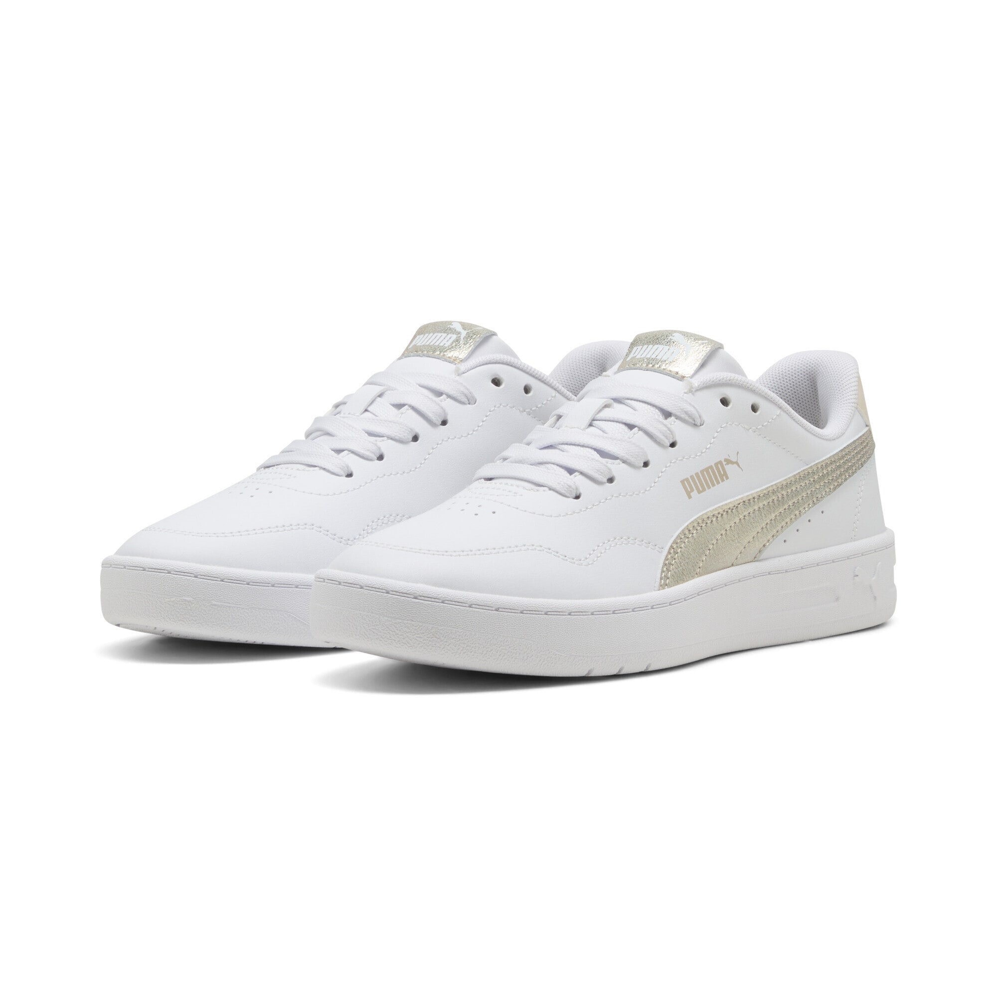 Sneaker PUMA "Court Lally Metallic Whisper Sneakers Damen", Damen, Gr. 41, weiß gold, Obermaterial: Textil, Synthetik; Futter: Textil; Innensohle: Textil; Laufsohle: Gummi, Schuhe Sneaker