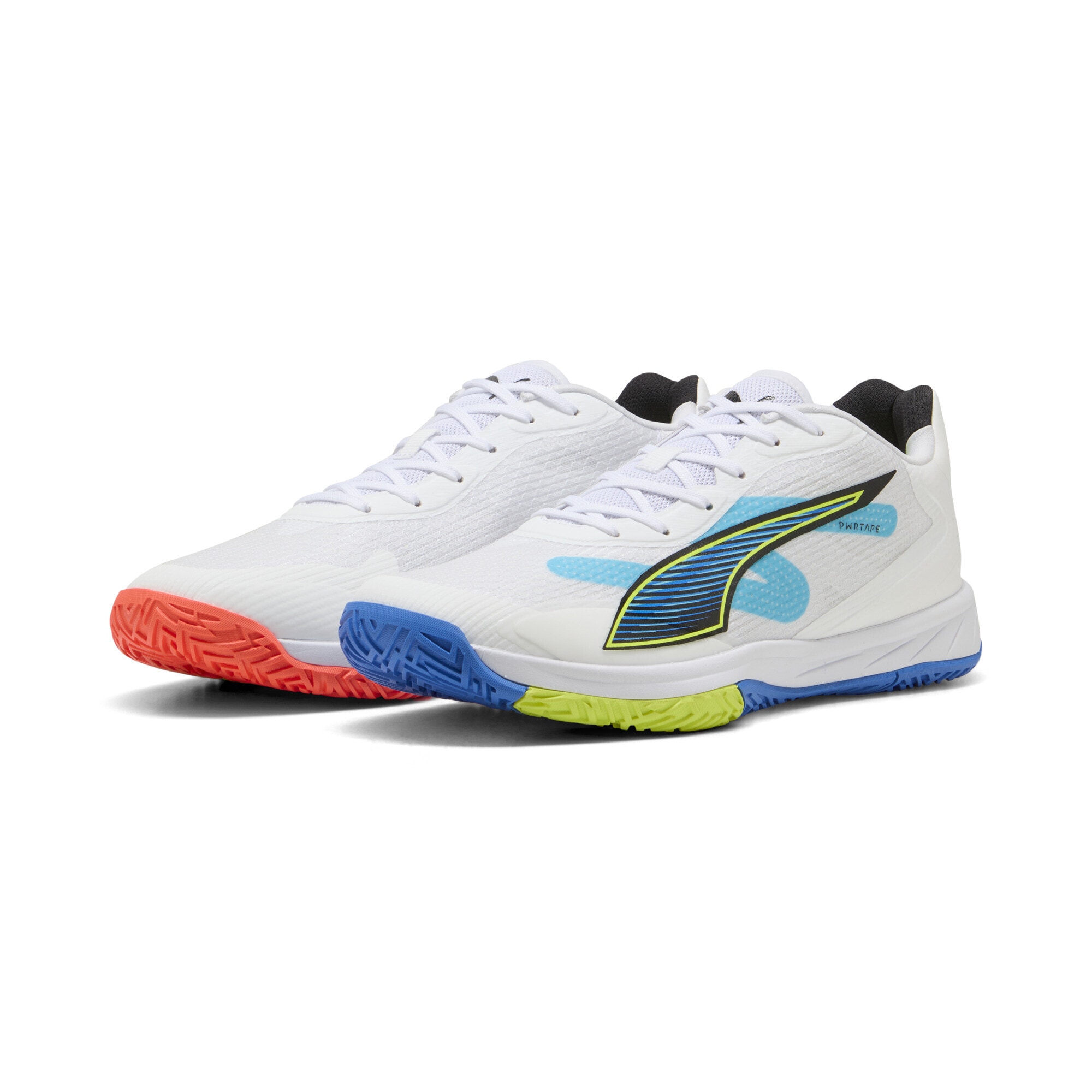 Sneaker PUMA "Accelerate Turbo 4 Game On Handballschuhe Erwachsene", Damen, Gr. 44,5, weiß glowing rot ultra blau, Obermaterial: Textil, Synthetik; Futter: Textil; Innensohle: Textil; Laufsohle: Gummi, Synthetik, Schuhe Sneaker
