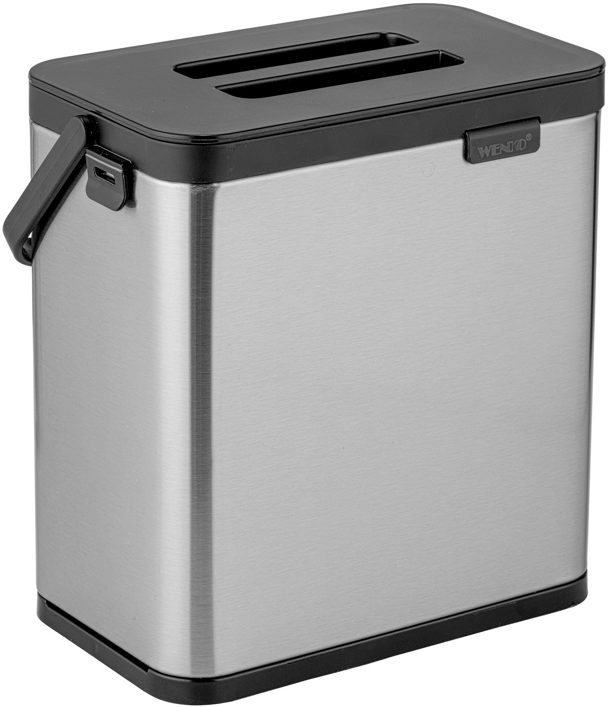 Mülleimer WENKO "Modell Colin", silber, B:20,5cm H:21cm T:12,5cm, Edelstahl, Kunststoff, Mülleimer, Mülleimer, Abfalleimer mit Griff, Über-Tür-Befestigung ohne Bohren, 3 L