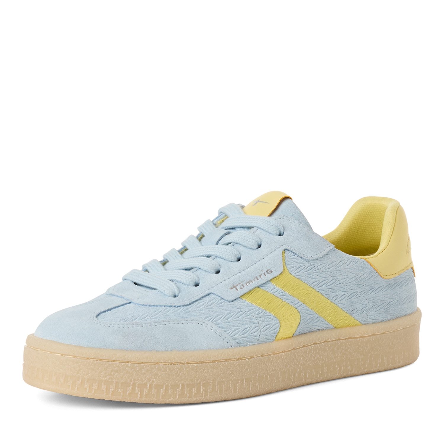 Plateausneaker TAMARIS, Damen, Gr. 39, hellblau, gelb, Lederimitat, Veloursleder, unifarben mit Farbeinsatz, Schuhe Plateausneaker, Schnürschuh, Halbschuh, Freizeitschuh mit gepolstertem Schaftrand