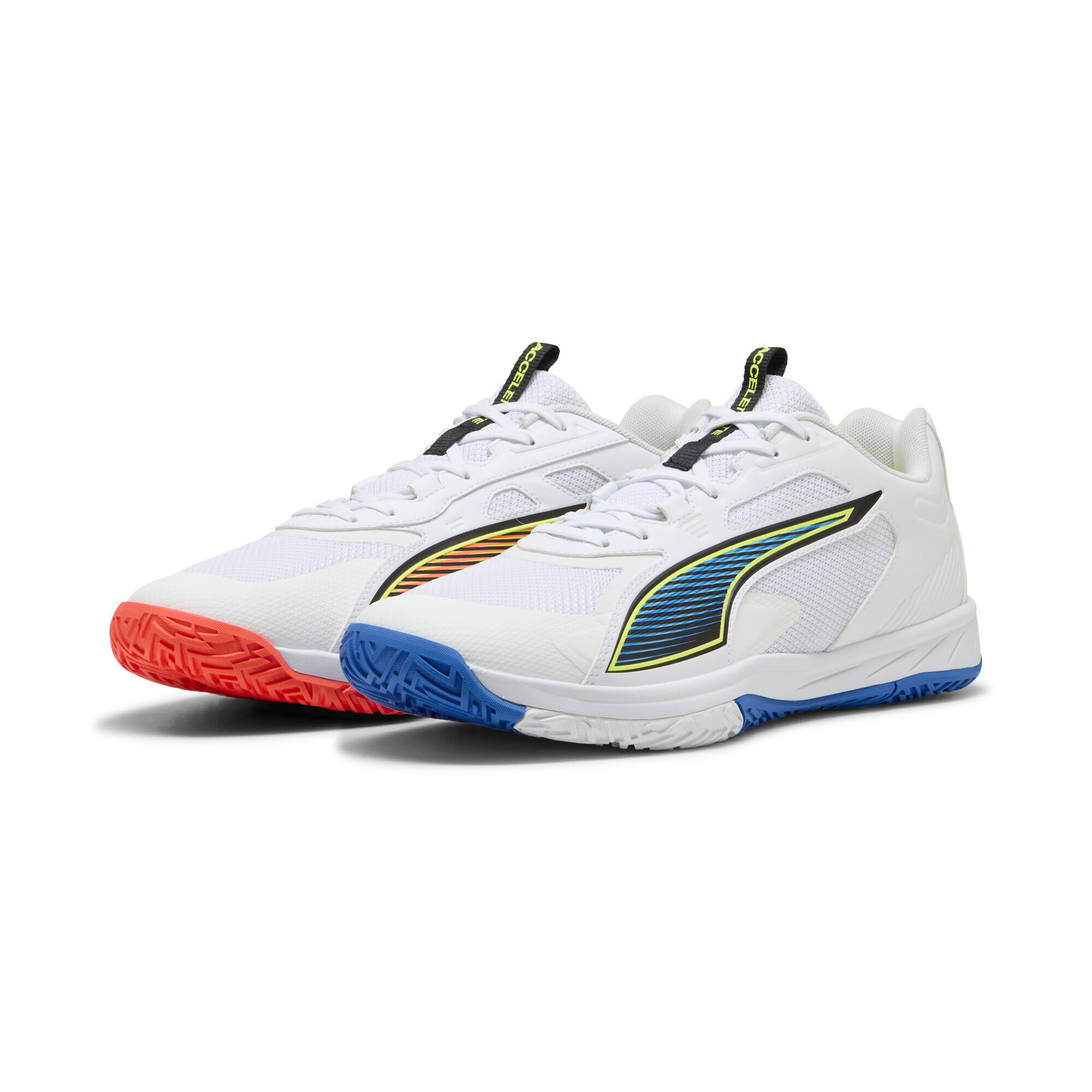 Sneaker PUMA "Accelerate Pro 4 Game On Handballschuhe Erwachsene", Damen, Gr. 47, weiß glowing rot ultra blau, Obermaterial: Synthetik, Textil; Futter: Textil; Innensohle: Textil; Laufsohle: Gummi, Synthetik, Schuhe Sneaker