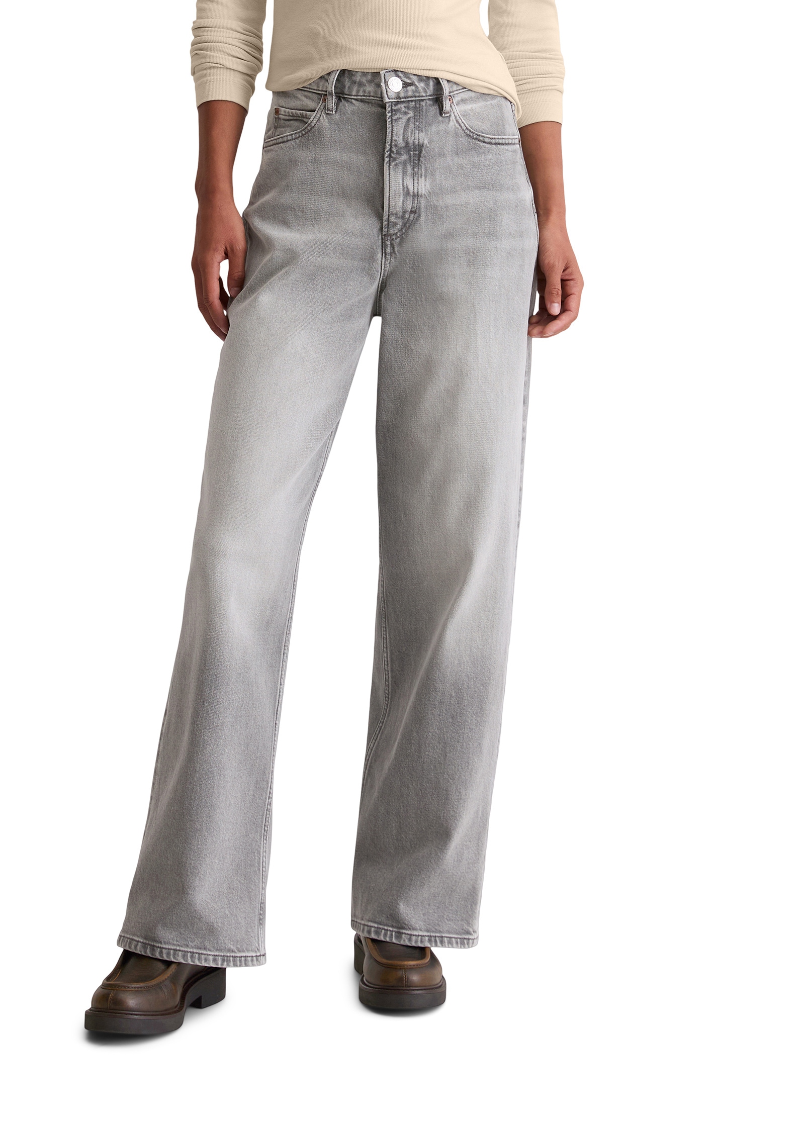 Weite Jeans MARC O'POLO "aus Organic-Cotton-Mix-Stretch", Damen, Gr. 30, Länge 30, medium grau, Obermaterial: 79% Baumwolle, 20% Viskose, 1% Elasthan, unifarben, weit knöchelfrei, Jeans