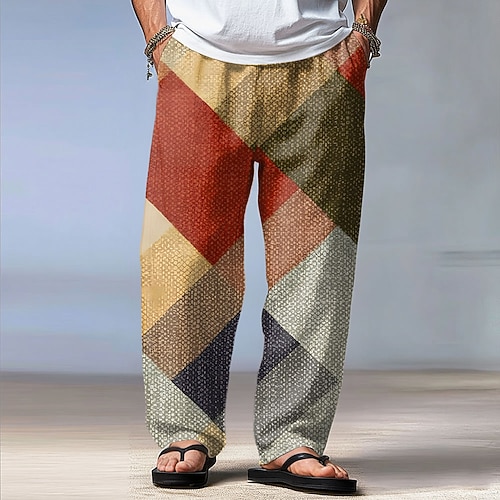 Herren Geometrisch Farbblock Abstrakte Kunst Hose Baggy-Hosen Freizeithose Mittlere Taille Mode Heim Outdoor Urlaub Elastischer Kordelzug in der Taille Leinenähnliche Hose mit Taschen Sommer Frühling Image
