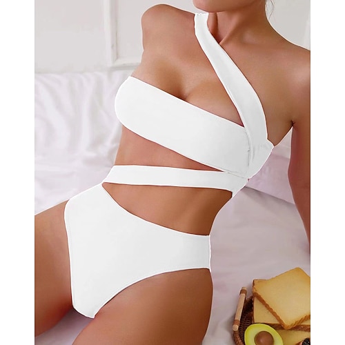 Damen Badeanzug Einteiler Bikini Shorts Bademode Rückenfrei Urlaub Strandbekleidung Einfarbig Trägerlos Ärmellos Badeanzüge Image