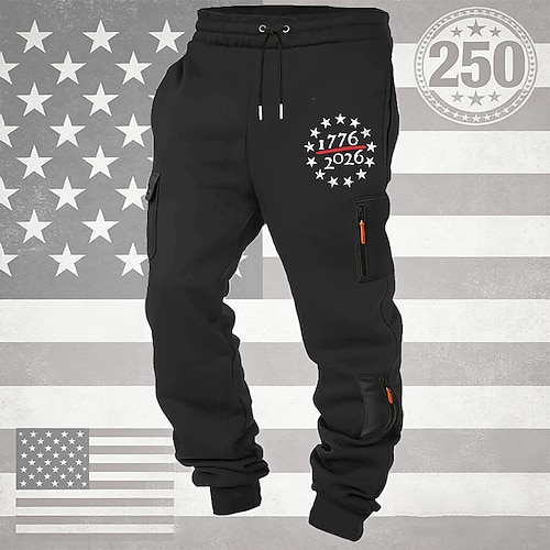 Herren Cargo-Jogginghose Jogginghose Hose Kordelzug Tasche Elastischer Bund Stern Komfort Atmungsaktiv Täglich Outdoor Amerikas 250. Jahrestag Urlaub Mode Schwarz Weiß Mikroelastisch Image