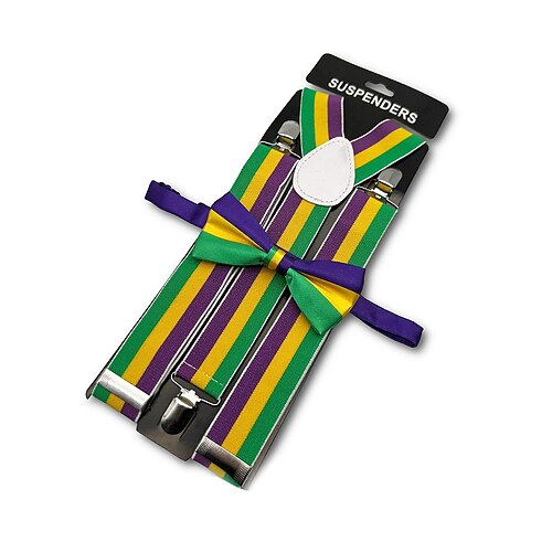 Männer Elastische Polyester Hosenträger und Fliegen Set Pailletten Design in Lila und Grün Perfekt für Karneval und Maskenbälle Image