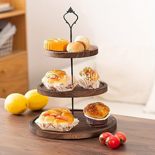 3-stöckige, mehrlagige Tortenplatte aus Massivholz Desserttablett aus Schmiedeeisen mit hohem Bein Obstplatte, runder Ständer für Süßigkeiten, Tischdekoration aus Akazienholz Image