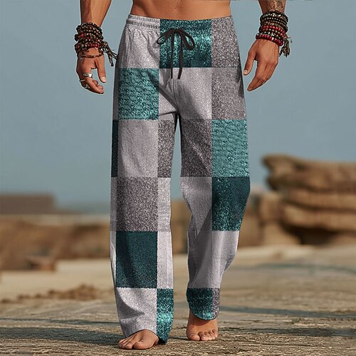 Herren Geometrisch Farbblock Patchwork Hose Freizeithose Baggy-Hosen Mittlere Taille Mode Heim Outdoor Urlaub Elastischer Kordelzug in der Taille Leinenähnliche Hose mit Taschen Sommer Frühling Image