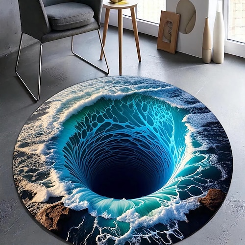 3D-Optische Illusion runder Teppich Visuelle Falle Fußmatte Rutschfest Ozean-Abgrund Loch Design für Badezimmer Schlafzimmer Wohnzimmer Innen Außen Diatomaceous Earth Schnell trocknend Absorbierend Image