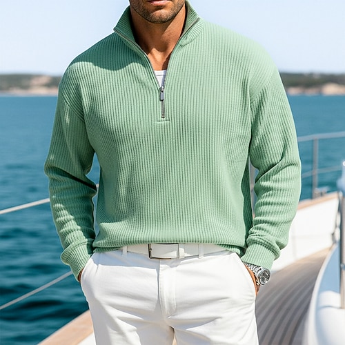 Herren Cordhemd Poloshirts Lässig Outdoor Viertelreißverschluss Langarm Mode Modern Einfarbig Einfach Warm Frühling Frühling Herbst Normale Passform Schwarz Wein Marineblau Grün Kaki Armeegrün Image