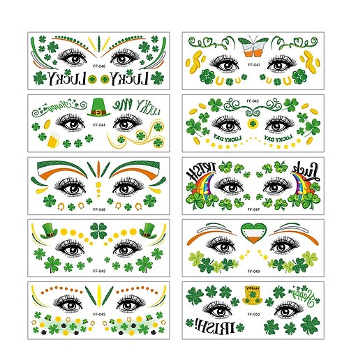 10 Stück St. Patrick's Day Gesichtsaufkleber, irisches Festival, Party, Kleeblatt-Tattoo-Aufkleber Image