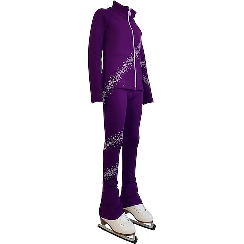Eiskunstlaufjacke mit Hose, Damen- und Mädchen-Eiskunstlaufbekleidung, schwarz, dehnbar, Trainings- und Wettkampfbekleidung, wärmend, mit Kristall-/Strasssteinen besetzt, langärmlig, Eiskunstlauf Image