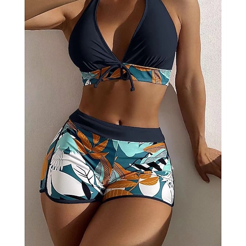 Damen Badeanzug Bikini Zweiteilig Shorts Bademode Patchwork Rückenfrei Urlaub Strandbekleidung Blumen Neckholder Ärmellos Badeanzüge Image