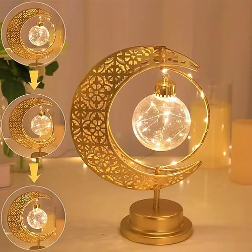 Dekorative Schreibtischlampe aus Schmiedeeisen für Ramadan und Eid, Stern- und Mondlaterne, Stimmungsleuchte fürs Schlafzimmer, inklusive AAA-Batteriefach, 26 x 17 cm Image