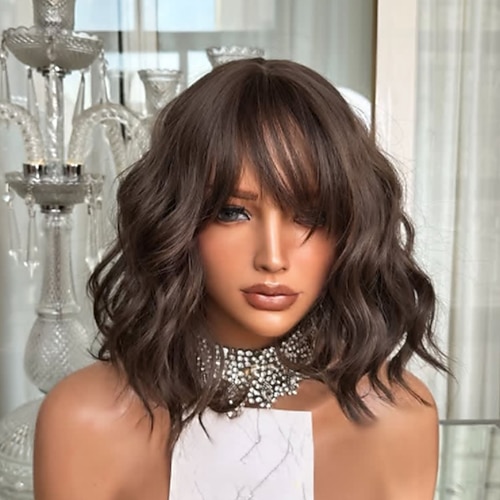 Remy Echthaar 5x5 Verschluss 13x4 Spitzenfront Perücke Kurzer Bob Mit Pony Brasilianisches Haar Gewellt Braun Kastanienbraun Perücke 130% 150% Haardichte mit Babyhaaren Ombre-Haar Natürlicher Image