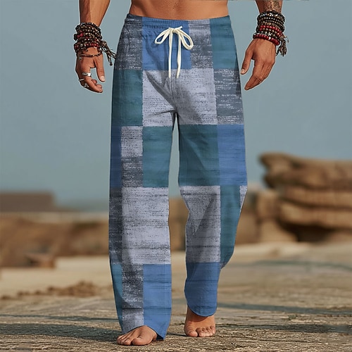 Herren Geometrisch Farbblock Patchwork Hose Baggy-Hosen Freizeithose Mittlere Taille Mode Heim Outdoor Urlaub Elastischer Kordelzug in der Taille Leinenähnliche Hose mit Taschen Sommer Frühling Image