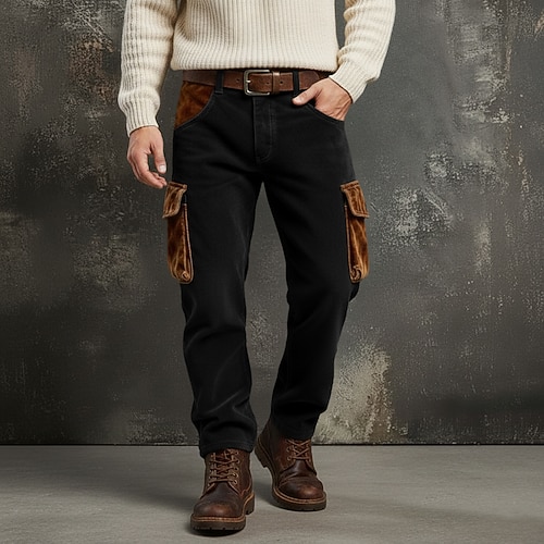 Herren Cargo-Hosen Cargohose Cordhose Arbeitshosen Elastischer Bund Mehrere Taschen Gerader Schnitt Patchwork Atmungsaktiv Volle Länge Lässig Täglich Outdoor Urlaub Mode Schwarz Grün Mikroelastisch Image