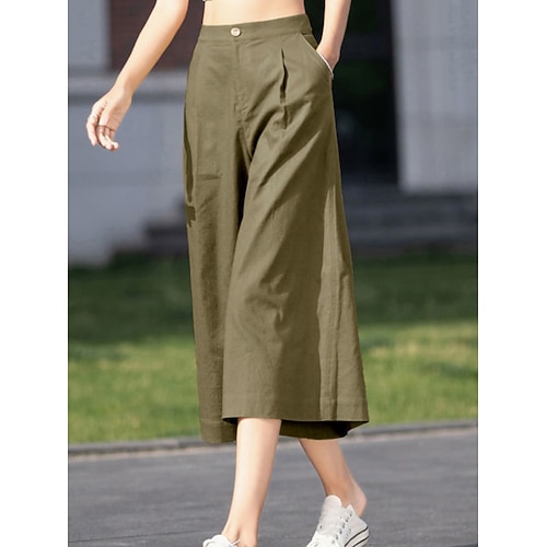 Damen Hose aus Baumwollleinen Caprihose Sommershorts Strandshorts Urlaub Basic Lässig Wadenlang Hohe Taille Einfach Tasche Weites Bein Komfort Weich Atmungsaktiv Mikroelastisch Strand Ferien Image