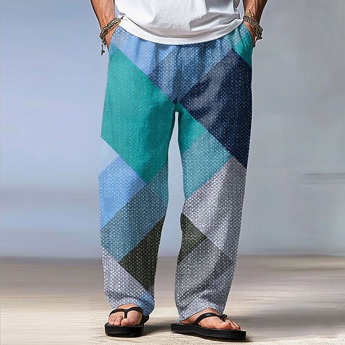 Herren Geometrisch Farbblock Abstrakte Kunst Hose Freizeithose Baggy-Hosen Mittlere Taille Mode Heim Outdoor Urlaub Elastischer Kordelzug in der Taille Leinenähnliche Hose mit Taschen Sommer Frühling Image