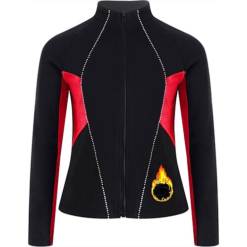 Eiskunstlauf-Fleecejacke für Damen und Mädchen, schwarz, dehnbar, Trainings- und Wettkampfbekleidung, wärmend, mit Kristall-/Strasssteinen, langärmlig, für Eiskunstlauf Image