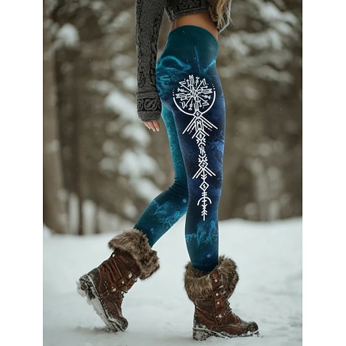 Damen Leggings Urlaub Vintage Ethno-Stil Volle Länge Hohe Taille Grafik Abstrakt 3D-Druck Schnelltrocknend Atmungsaktivität Weich Dehnbar Outdoor Blau Frühling Herbst Winter Schmale Passform Image