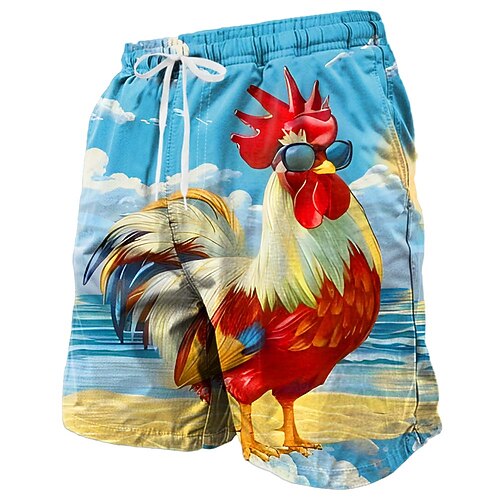 Herren Hahn Neuheit Cool Chicken Badehosen Badeshorts Boardshorts Mittlere Taille Lustig Hawaiianisch Strandurlaub Seitentaschen Netzfutter Elastischer Kordelzug in der Taille Designer Bekleidung Image