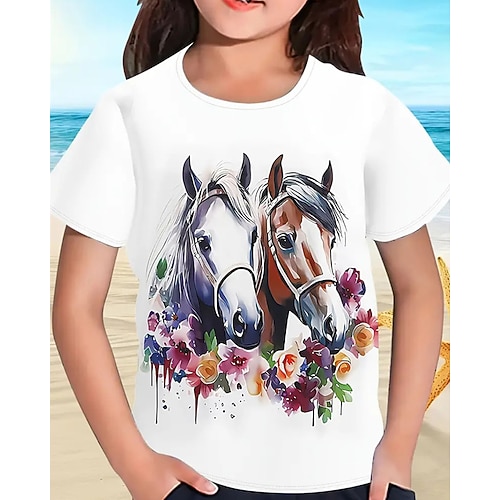 Mädchen 3D Grafik Pferd T-Shirt Kurzarm Sommer Frühling Mode Basic Kinder 4-12 Jahre Rundhalsausschnitt Lässig Täglich Outdoor Normale Passform Image