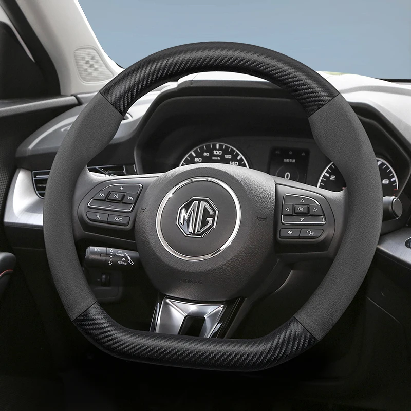 Geeignet für Mg Wildleder Matte Carbon Fiber Texture Lenkradbezug, geeignet für Zs Hector Gs 5 6 Marvel R Cyberster 8 Phev Hs Rx9 7 3 Whale One Rx5 Gt 4 Electric T60 und andere Modelle, Schwarz, Rot, Image